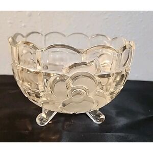 Vintage Clear Crystal Three Footed Frosted Flower Roses Candy Serving Bowl